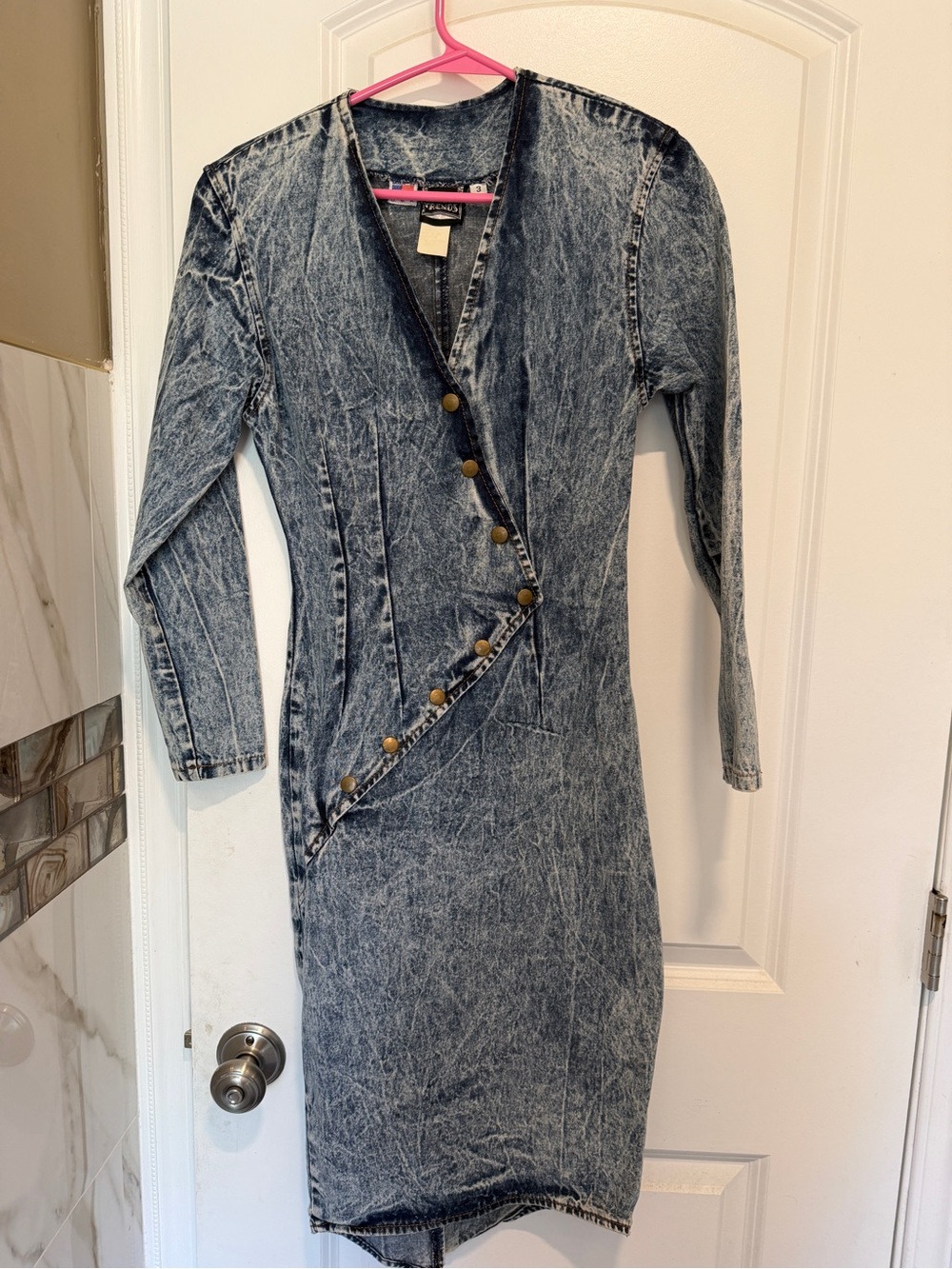 Vintage 1980s Womens Acid-Wash Denim Midi Dress with Asymmetrical Button Detail